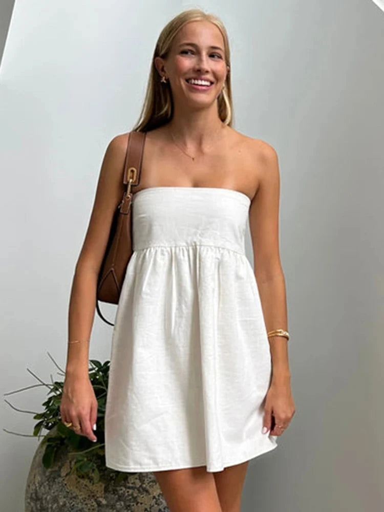 TARUXY Elegant Solid Strapless Dress Women’s Sleeveless Beach Vacation Short Dress Splice Off Shoulder Loose High Waist Clothing