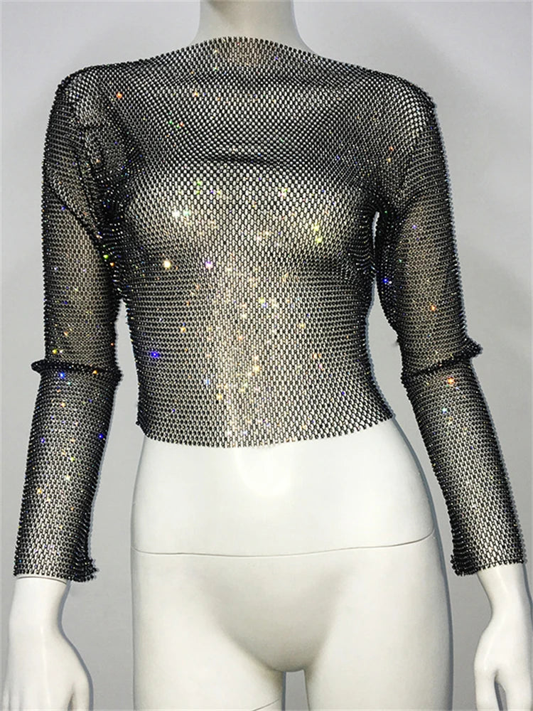 TARUXY Evening Club Party Sparkly Tops For Women Diamonds Cropped Top Outfits Y2k Accessories Hollow Out Glitter Fishnet Tops