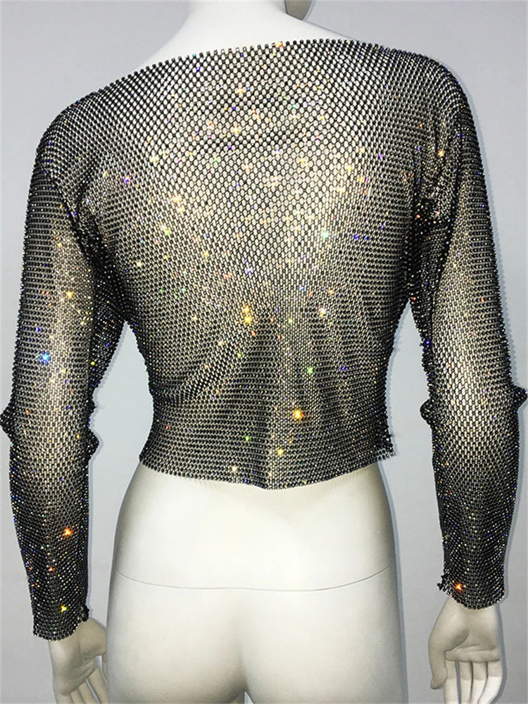 TARUXY Evening Club Party Sparkly Tops For Women Diamonds Cropped Top Outfits Y2k Accessories Hollow Out Glitter Fishnet Tops