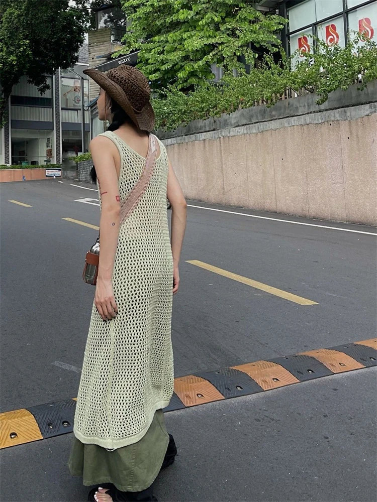 TARUXY Fashion Sleeveless Maxi Dress Overalls For Women Summer Harajuku Side-slit Hollow Out Dresses Holiday Beachwear Vestidos