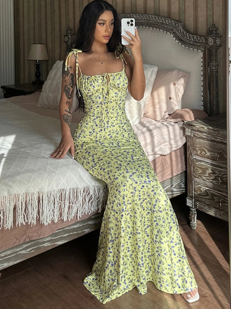 TARUXY Floral Dress Women Elegant Summer Off Shoulder Lace Up Deep V Neck Dresses Ladies Holiday Casual Beach Long Dress Woman