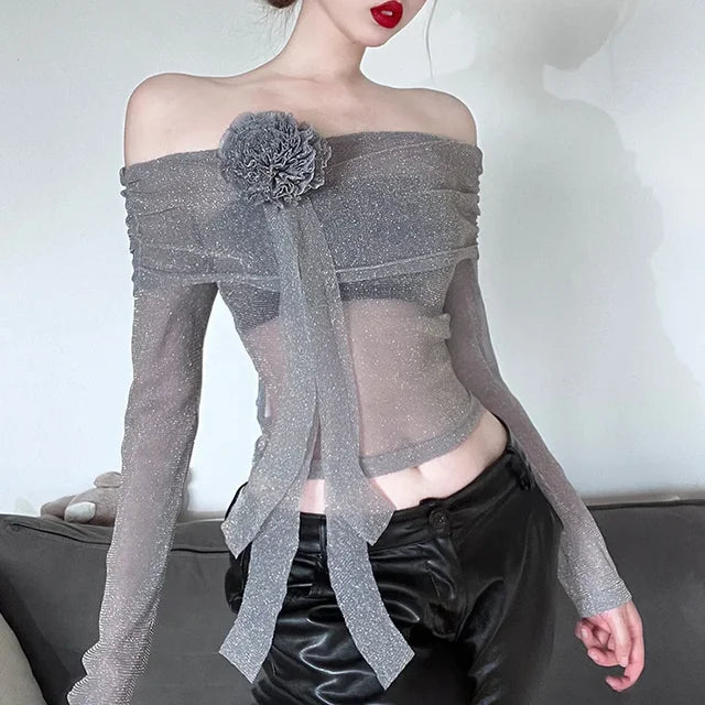 TARUXY Flower Splice Mesh Shirts For Women Sexy See Through Slim Long Sleeve Crop Top Femme Club Party Fashion Shiny Shirt Lady