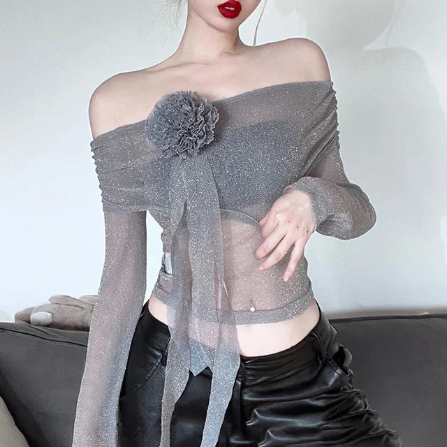 TARUXY Flower Splice Mesh Shirts For Women Sexy See Through Slim Long Sleeve Crop Top Femme Club Party Fashion Shiny Shirt Lady