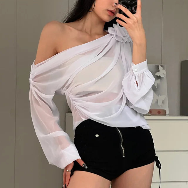 TARUXY Folds Flower Cover Ups For Women Mesh Sheer Long Sleeve Oversized Shirts Ladies Beach Sexy See Through Cover-up Femme New