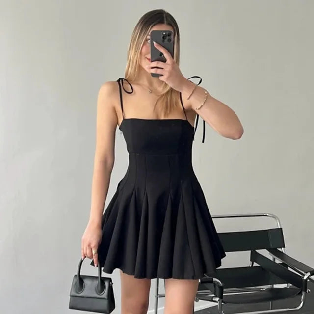 TARUXY Folds Mini Suspender Dress For Women Lace Up Sleeveless Birthday Club Party Dress Solid Patchwork Female Elegant Summer