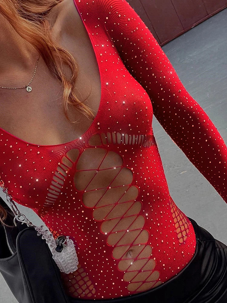 Hollow Out Lace Hot Bodysuit Top Lingerie For Women Mesh See-through Long Sleeve Body Tops Female Nightclub Bodysuits