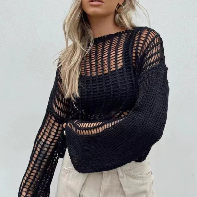 TARUXY Hollow Out Pullover Pullover Women Oversize Kniited Long Sleeve Sweater Femme Beach Sexy Knitwear Cover-up Ladies 2024