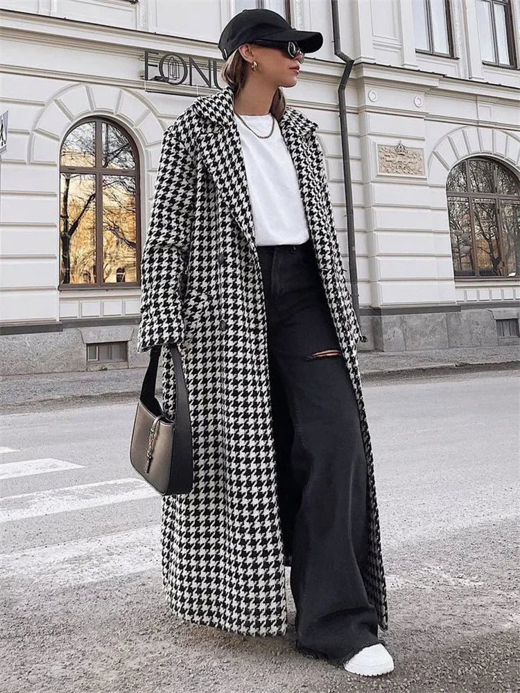 TARUXY Houndstooth Trench Coat For Women 2024 Autumn Fashion Slim Long Coats Women’s Winter Street Temperament Clothes Woman New