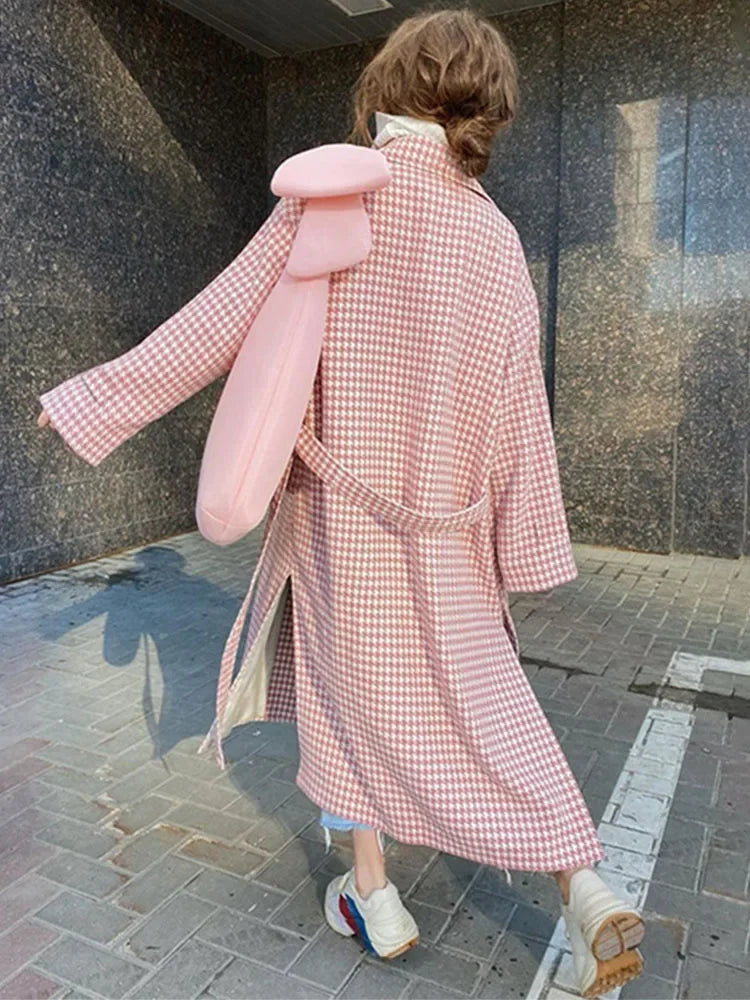 TARUXY Houndstooth Trench Coat For Women 2024 Autumn Fashion Slim Long Coats Women’s Winter Street Temperament Clothes Woman New