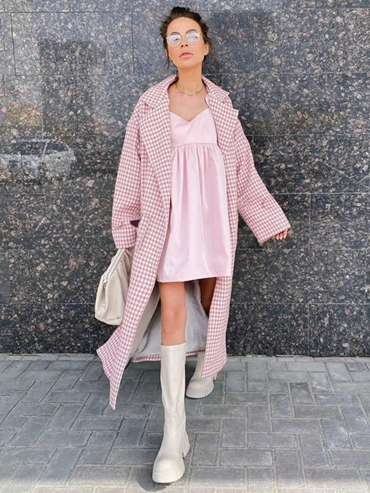 TARUXY Houndstooth Trench Coat For Women 2024 Autumn Fashion Slim Long Coats Women’s Winter Street Temperament Clothes Woman New