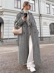 TARUXY Houndstooth Trench Coat For Women 2024 Autumn Fashion Slim Long Coats Women’s Winter Street Temperament Clothes Woman New