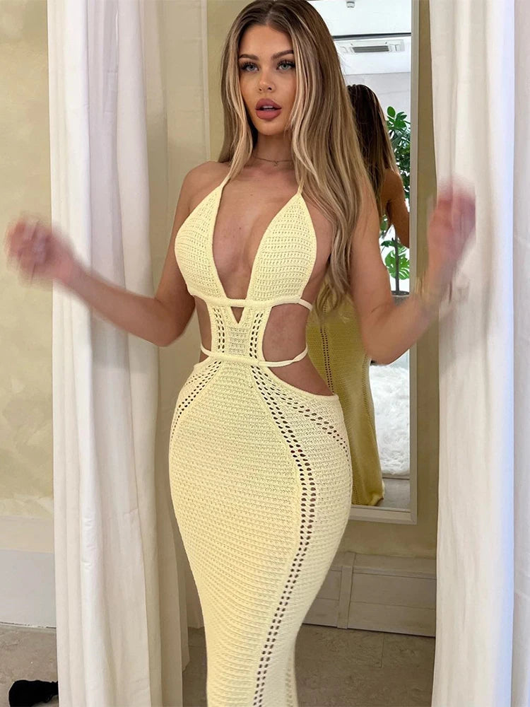 TARUXY Knitted Backless Maxi Dress For Women Lace Up Hollow Out Summer Sexy Dresses Women’s Party Bodycon Beach Vestidos Femme