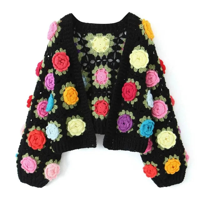 TARUXY Knitted Cardigan Women Autumn Hollow Out Splice Flower Short Sweater Vest Women’s Street Fashion Vitage Sweater Woman New