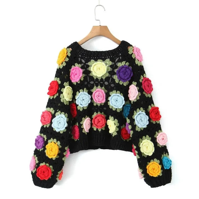 TARUXY Knitted Cardigan Women Autumn Hollow Out Splice Flower Short Sweater Vest Women’s Street Fashion Vitage Sweater Woman New