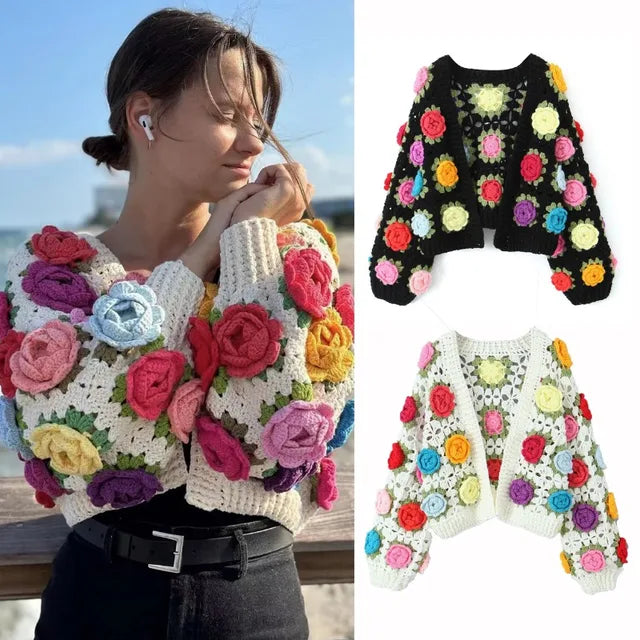 TARUXY Knitted Cardigan Women Autumn Hollow Out Splice Flower Short Sweater Vest Women’s Street Fashion Vitage Sweater Woman New