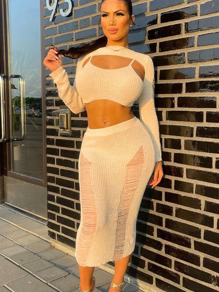 TARUXY Knitted Dress Sets Women Beach Coverups For Woman Sleeveless Crop Tops See Through Bodycon 3 Piece Suits Skirt Female