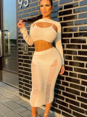 TARUXY Knitted Dress Sets Women Beach Coverups For Woman Sleeveless Crop Tops See Through Bodycon 3 Piece Suits Skirt Female