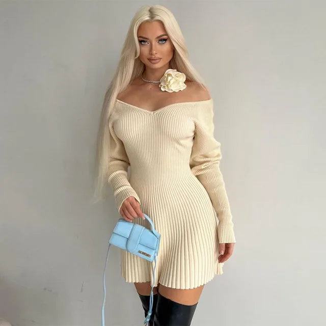 TARUXY Knitted Rib Bodycon Dress For Women Deep V Neck Sexy Elegant Mini Dresses Female Party Fashion Slim Vintage Dress Womens