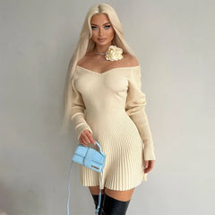 TARUXY Knitted Rib Bodycon Dress For Women Deep V Neck Sexy Elegant Mini Dresses Female Party Fashion Slim Vintage Dress Womens