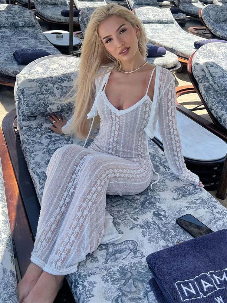 TARUXY Lace Dress Sets Women Bodycon Long Sleeve Cover-up Ladies Split V Neck Slim High Waist Dresses For Woman Summer Casual