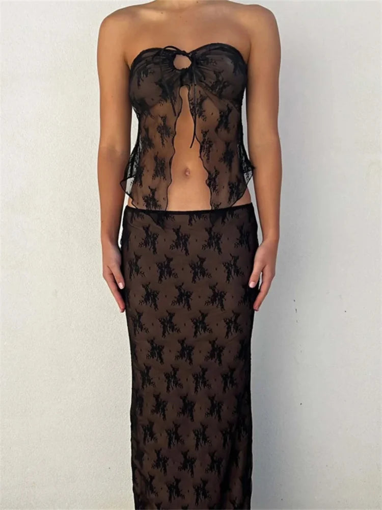 TARUXY Lace Maxi Dress Suits For Women Sleeveless See Through Crop Tops Holiday High Waist Skirts Two Piece Sets Womens Outfits