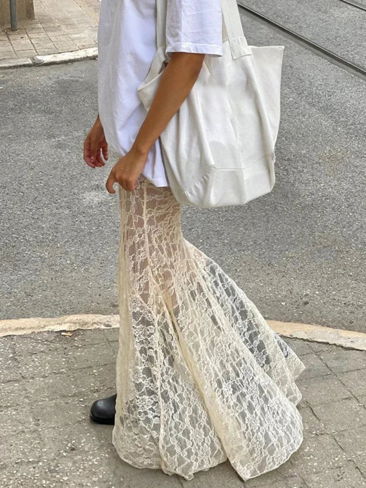 TARUXY Lace Mesh Splice Long Skirts For Women 2023 See Through Sexy High Waist Maxi Skirt Femme Club Hollow Out Skirts Ladies