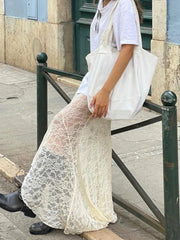 TARUXY Lace Mesh Splice Long Skirts For Women 2023 See Through Sexy High Waist Maxi Skirt Femme Club Hollow Out Skirts Ladies