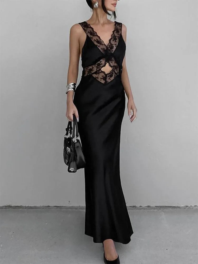 TARUXY Lace Slim Maxi Dresses For Women Clothing Deep V Neck Sexy High Wasit Long Dress Party Fashion Evening Dress Woman 2023