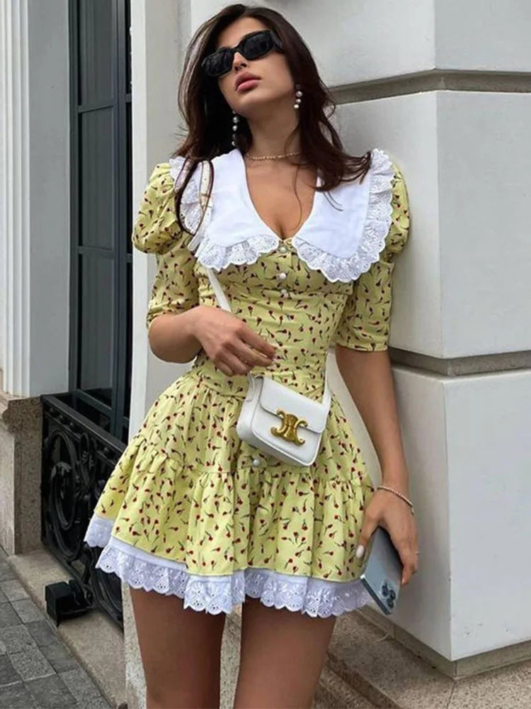 TARUXY Lace-up Slim Floral Dress Women Elegant Luxury Lace Turn Collar Short Sleeve Folds Dresses Femme Party Retro Dress Lady