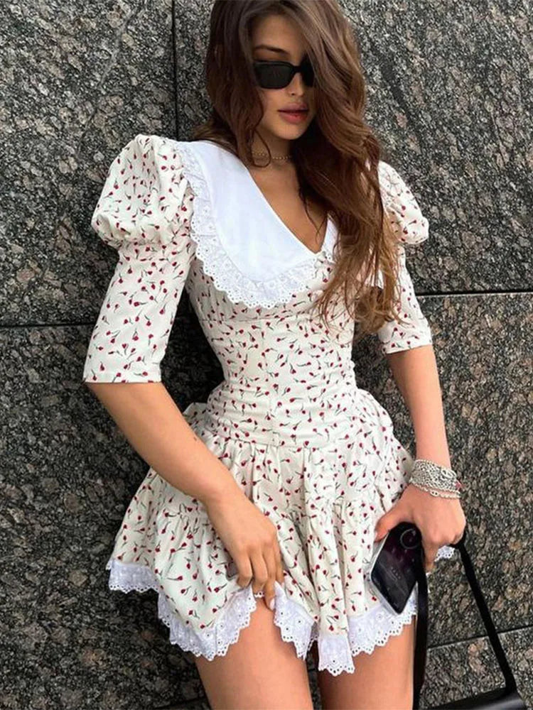 TARUXY Lace-up Slim Floral Dress Women Elegant Luxury Lace Turn Collar Short Sleeve Folds Dresses Femme Party Retro Dress Lady