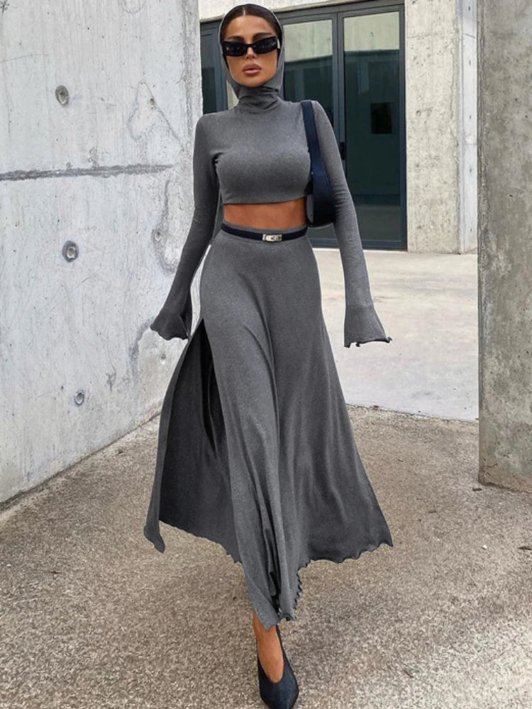 TARUXY Loose Side Slit Skirt Two Piece Sets Womens Outfits 2024 Women Dress Sets Short Long Sleeve Hoodies And Skirts Suit Femme