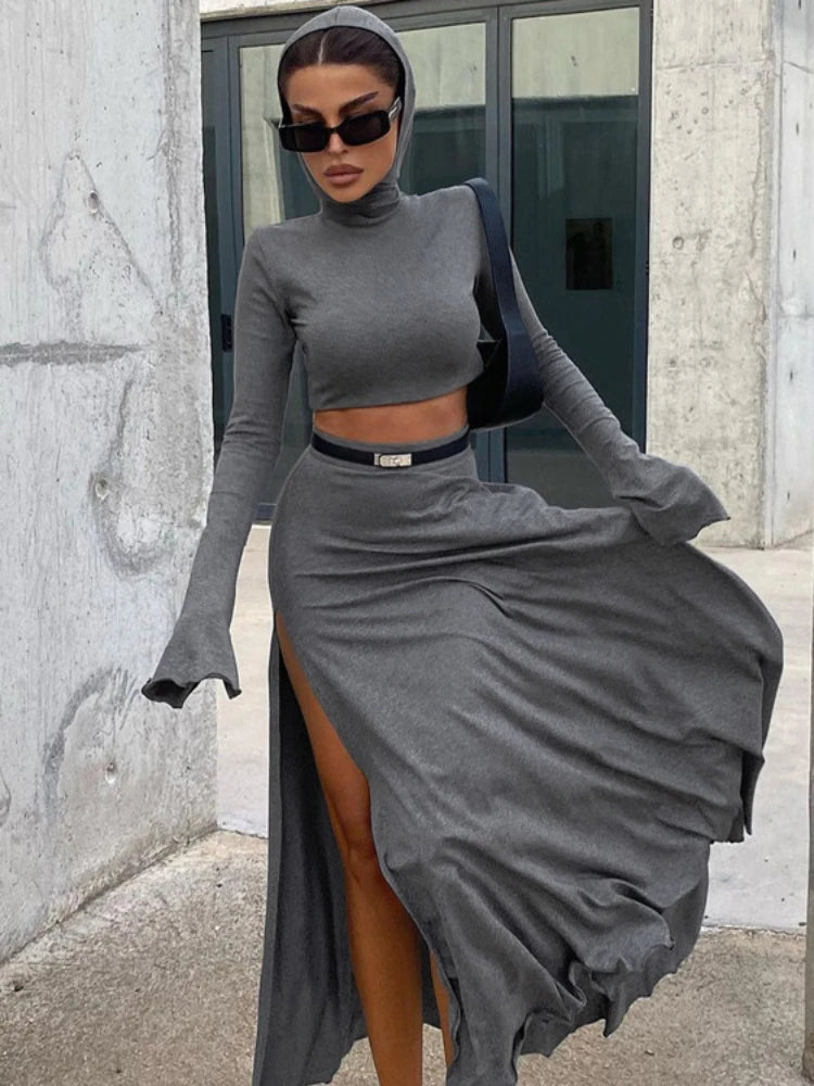 TARUXY Loose Side Slit Skirt Two Piece Sets Womens Outfits 2024 Women Dress Sets Short Long Sleeve Hoodies And Skirts Suit Femme