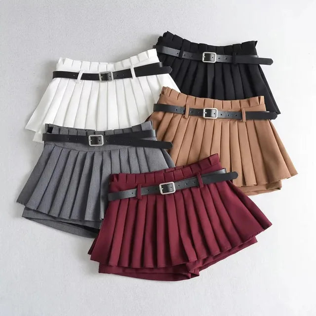 TARUXY Low Waist Slim Mini Pleated Skirt For Women 2023 Summer Casual Black Belt Skirts Babes Fashionable Solid Une Jupe Ligne