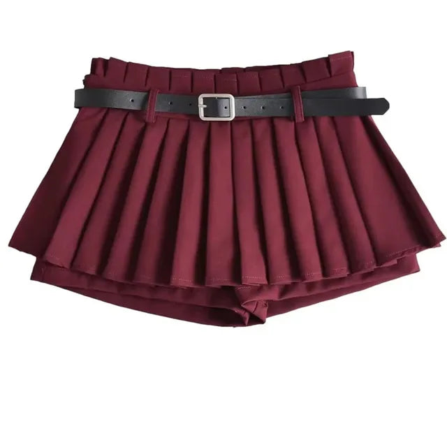 TARUXY Low Waist Slim Mini Pleated Skirt For Women 2023 Summer Casual Black Belt Skirts Babes Fashionable Solid Une Jupe Ligne