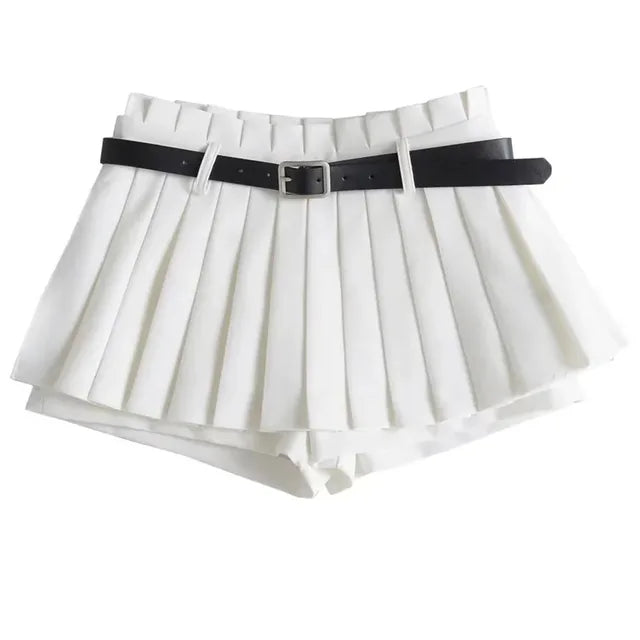 TARUXY Low Waist Slim Mini Pleated Skirt For Women 2023 Summer Casual Black Belt Skirts Babes Fashionable Solid Une Jupe Ligne