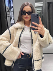 TARUXY Luxury Lambswool Jacket Women Fashion Zipper Lapel Winter Patchwork OverCoats Women’s Casual Warm Streetwear Female 2023