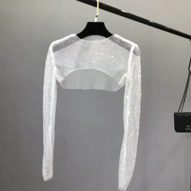 TARUXY Mesh Ironing Diamond Women Cover Up Beach Asymmetric See-through Long-sleeved Tshirts Hot Girl Sexy Hollow Shrug Femme