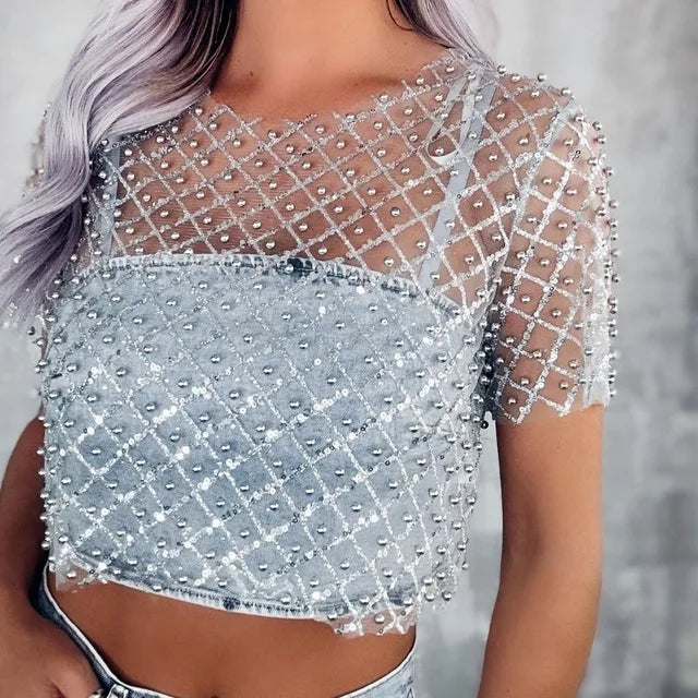 TARUXY Mesh Splice Sequins Cover-up Women Sexy See Through Short Sleeve Crop Tops Ladies 2024 Party Beach Shirts Cover Up Femme