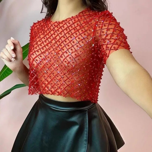 TARUXY Mesh Splice Sequins Cover-up Women Sexy See Through Short Sleeve Crop Tops Ladies 2024 Party Beach Shirts Cover Up Femme