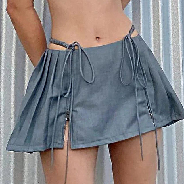 TARUXY New Y2k Mini Skirts 90s Cute Streetwear Casual Grey Pleated Skirts With Belt Hot Zipped A-Line Women Short Skirt Summer