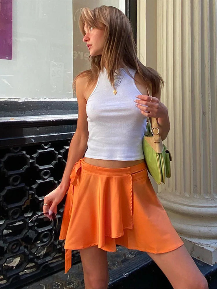 TARUXY Orange Lace Up Mini Skirt For Women 2024 Summer Casual Fashion Bandage Folds Skirts Womens Loose Skirts Ladies Streetwear