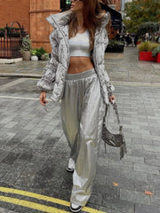 TARUXY PU Silver Women Pants Autumn Winter High Waist Casual Loose Wide Leg Pant Femme Party Club Fashion Streetwear Woman 2023