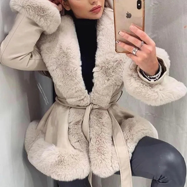 TARUXY PU Splice Fur Collar Wrap Coat For Women Lace Up Slim Long Sleeve Coat Woman Winter Street Elegant Jacket Women’s Clothes