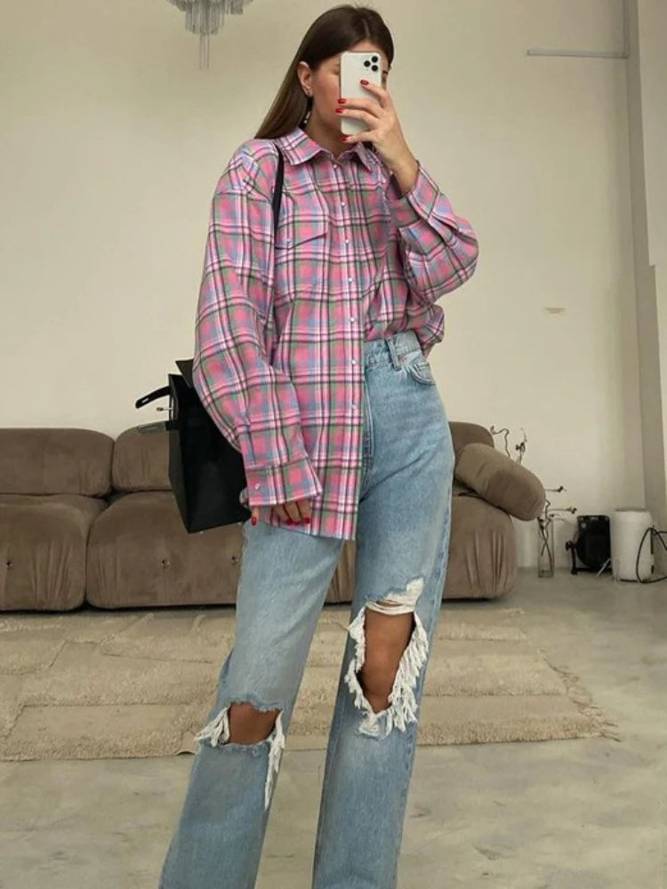 TARUXY Plaid Blouse Women Pink Retro Casual Loose Long Sleeve Womens Tops Autumn Trun Down Fashion Cotton Shirts Ladies Autumn