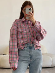 TARUXY Plaid Blouse Women Pink Retro Casual Loose Long Sleeve Womens Tops Autumn Trun Down Fashion Cotton Shirts Ladies Autumn