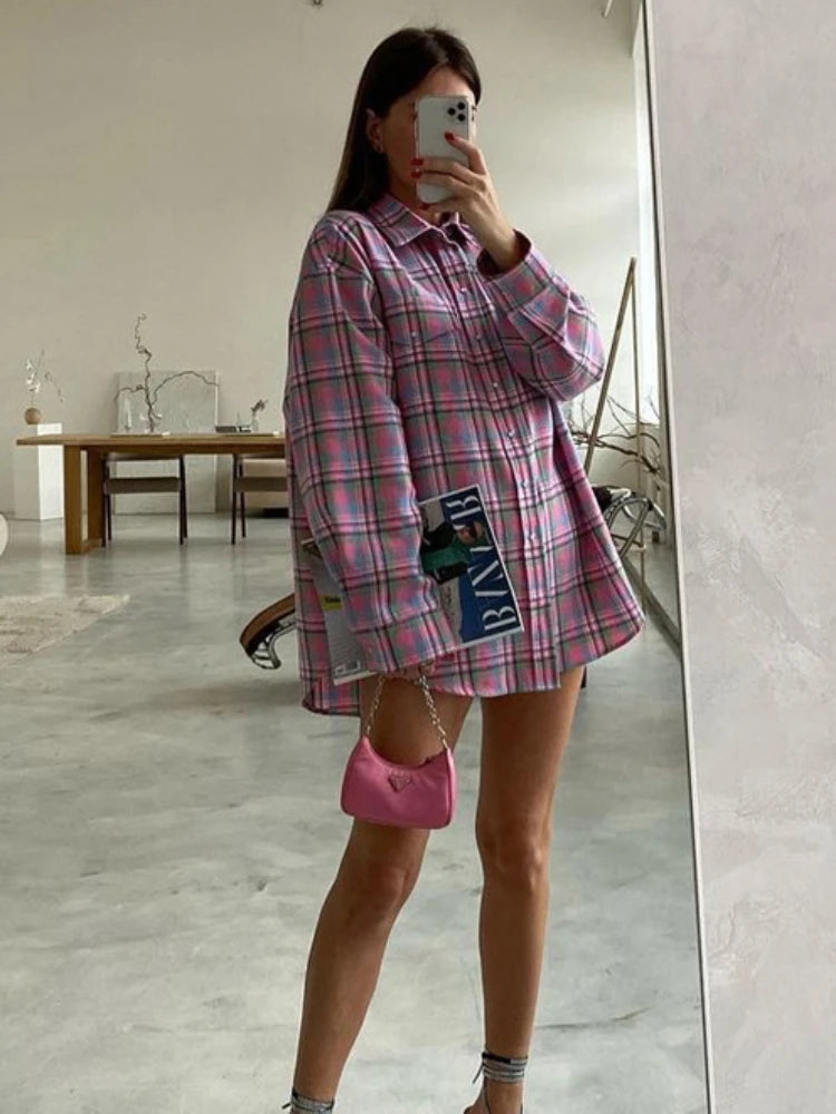 TARUXY Plaid Blouse Women Pink Retro Casual Loose Long Sleeve Womens Tops Autumn Trun Down Fashion Cotton Shirts Ladies Autumn