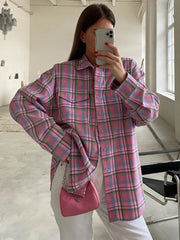 TARUXY Plaid Blouse Women Pink Retro Casual Loose Long Sleeve Womens Tops Autumn Trun Down Fashion Cotton Shirts Ladies Autumn