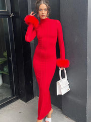 TARUXY Red Feathers Summer Dress For Women 2023 Long Sleeve Backless Bodycon Maxi Dress Elegant Ladies Party Evening Dresses