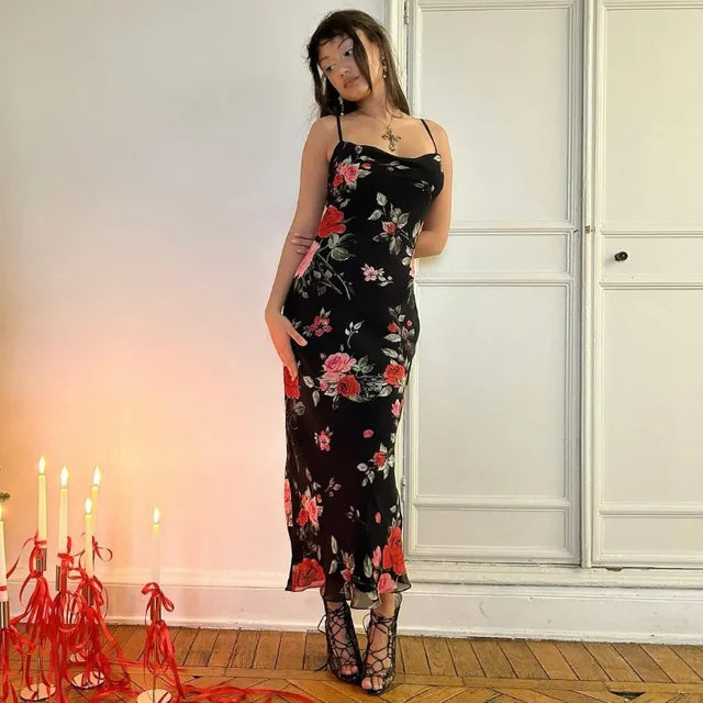 TARUXY Retro Floral Dress Women Elegant Summer Slim Sleeveless Backless Long Dresses Female Party Temperament Maxi Dress Woman