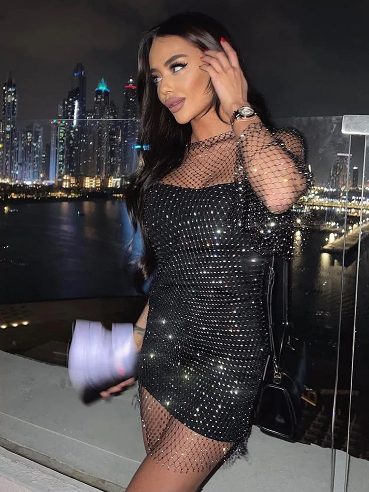 TARUXY Rhinestone Mesh Mini Dress Women Summer Open Back Slit Long Dresses Ladies Beach Babes See Through Sexy Fishnet Skirt